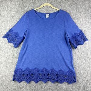 Chicos Size 1 Medium Top Tee Blouse Womens Blue Eyelet Sleeve Crochet Lace SS